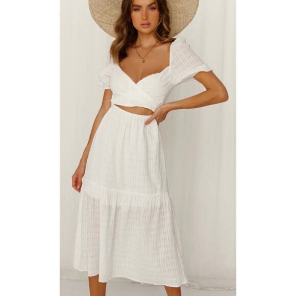 Hello Molly White Asymmetric Wrap Puff Sleeve Cut Out Midi Dress Size S - Picture 1 of 6